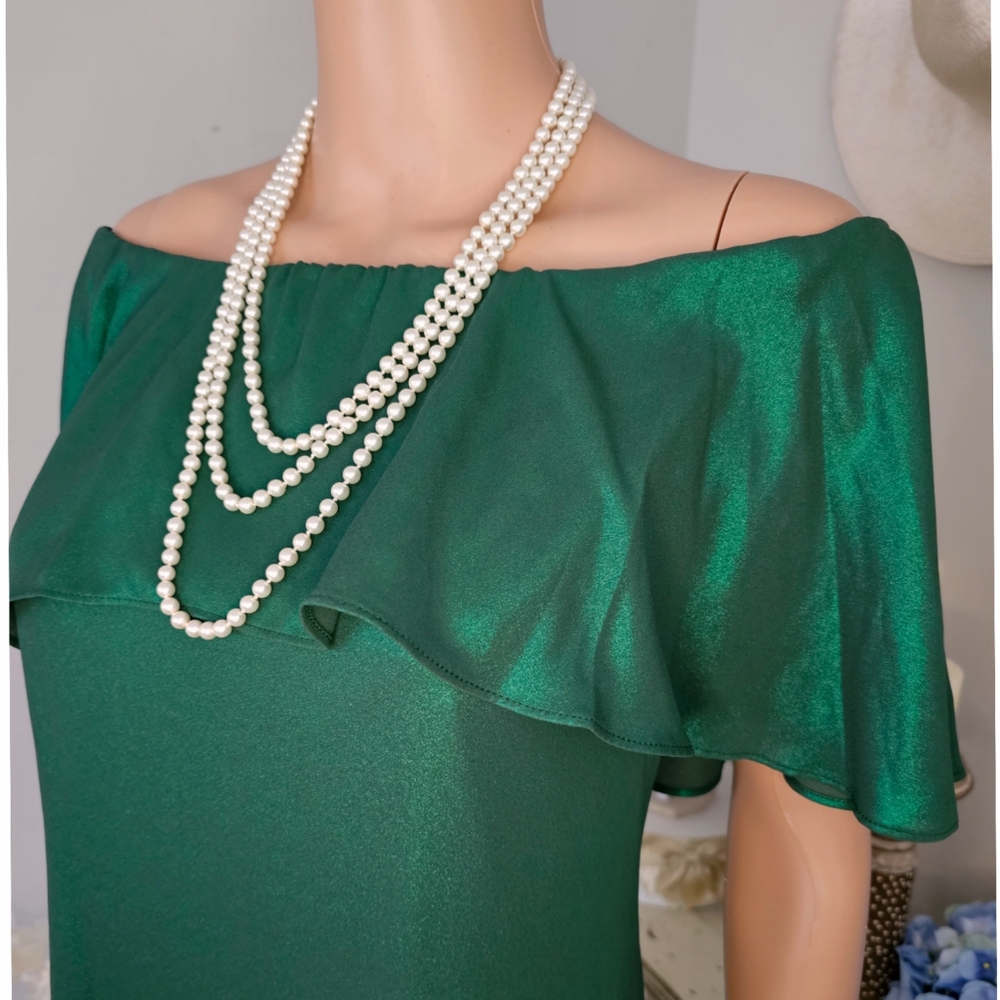 H Halston Emerald Green Metallic Off The Shoulder Ruffle Relaxed Fit Dress - Picture 3 of 7